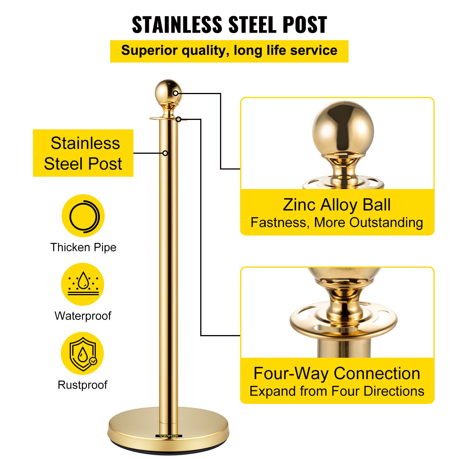 STAINLESS STEEL POST  
Superior quality, long life service  

- Stainless Steel Post  
  - Thickened Pipe  
  - Waterproof  
  - Rustproof  

- Zinc Alloy Ball  
  - Fastness, More Outstanding  

- Four-Way Connection  
  - Expand from Four Directions