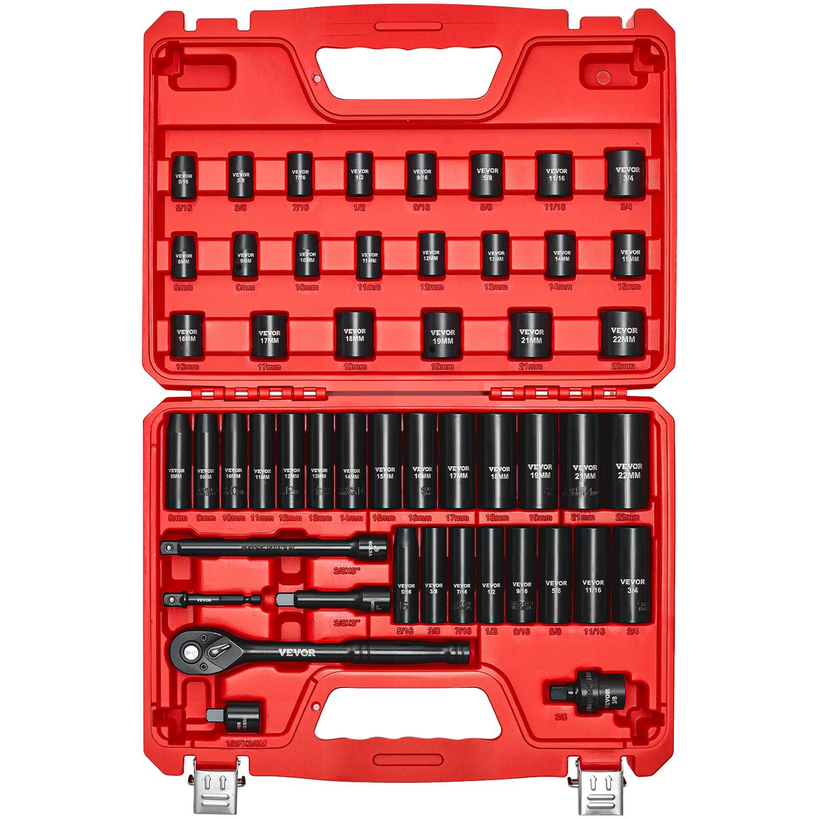 VEVOR - 3/8 in Drive Impact Socket Set, 50 Piece, 6 Point Deep & Shallow Impact Sockets, SAE (5/16 in to 3/4 in) and Metric - Red