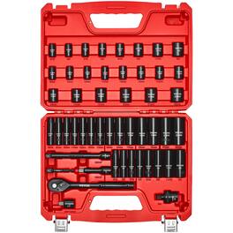 VEVOR - 3/8 in Drive Impact Socket Set, 50 Piece, 6 Point Deep & Shallow Impact Sockets, SAE (5/16 in to 3/4 in) and Metric - Red