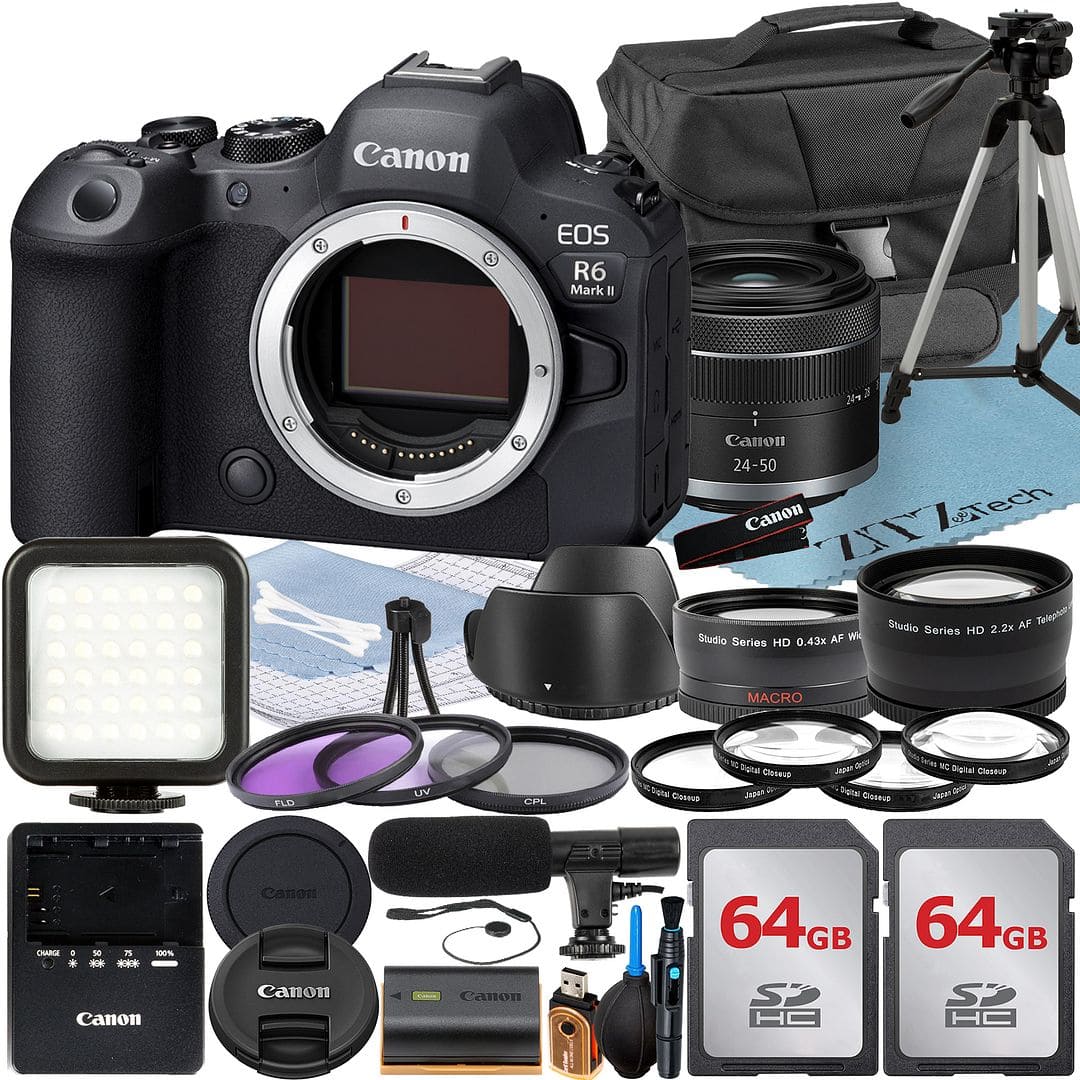Canon - EOS R6 Mark II Mirrorless Camera with 24-50 Lens + 2x 64GB Card + Flash + ZeeTech Bundle (International Version) - Black