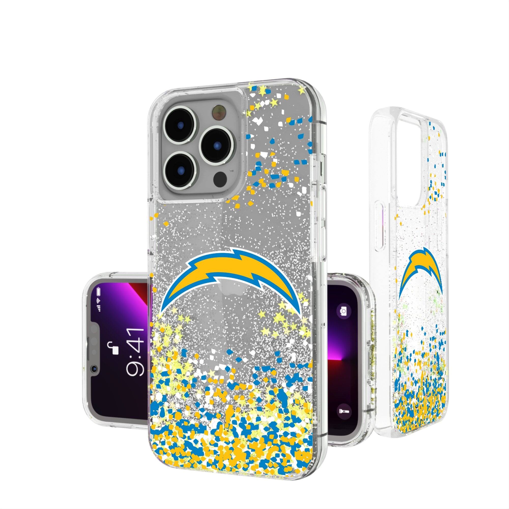 Front. Keyscaper - Los Angeles Chargers iPhone Glitter Case with Confetti Design - 15 Pro - Multicolor.