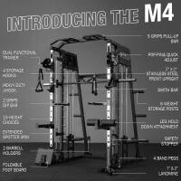 INTRODUCING THE M4

5 CRIPS PULL-UP DUAL POSITIONAL TRAINER
POP-PINA QUICK ADJUST STOMAGE HOOKS
4 STORAGE HOOKS
2 STANLERS STERL FRONT @PRIGHT
2 CP CP AAR 8 STORAGE POSTS
15 HT CHOICES EXTENDED SPOTTER ARM
2 BARBELL HOLDERS
FOLDABLE FOOT BOARD
LES HOLD DOWN ATTACHMENT
SAFETY STOPPER
4 BAND PEGS
T & T LANDMINE