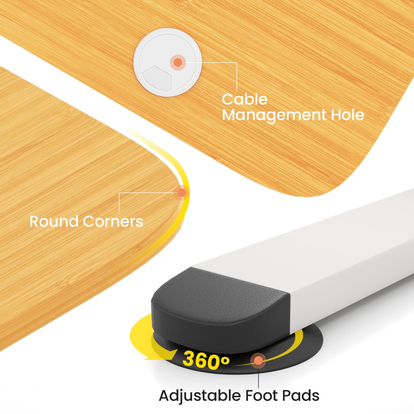 Cable Management Hole, Round Corners, 360° Adjustable Foot Pads