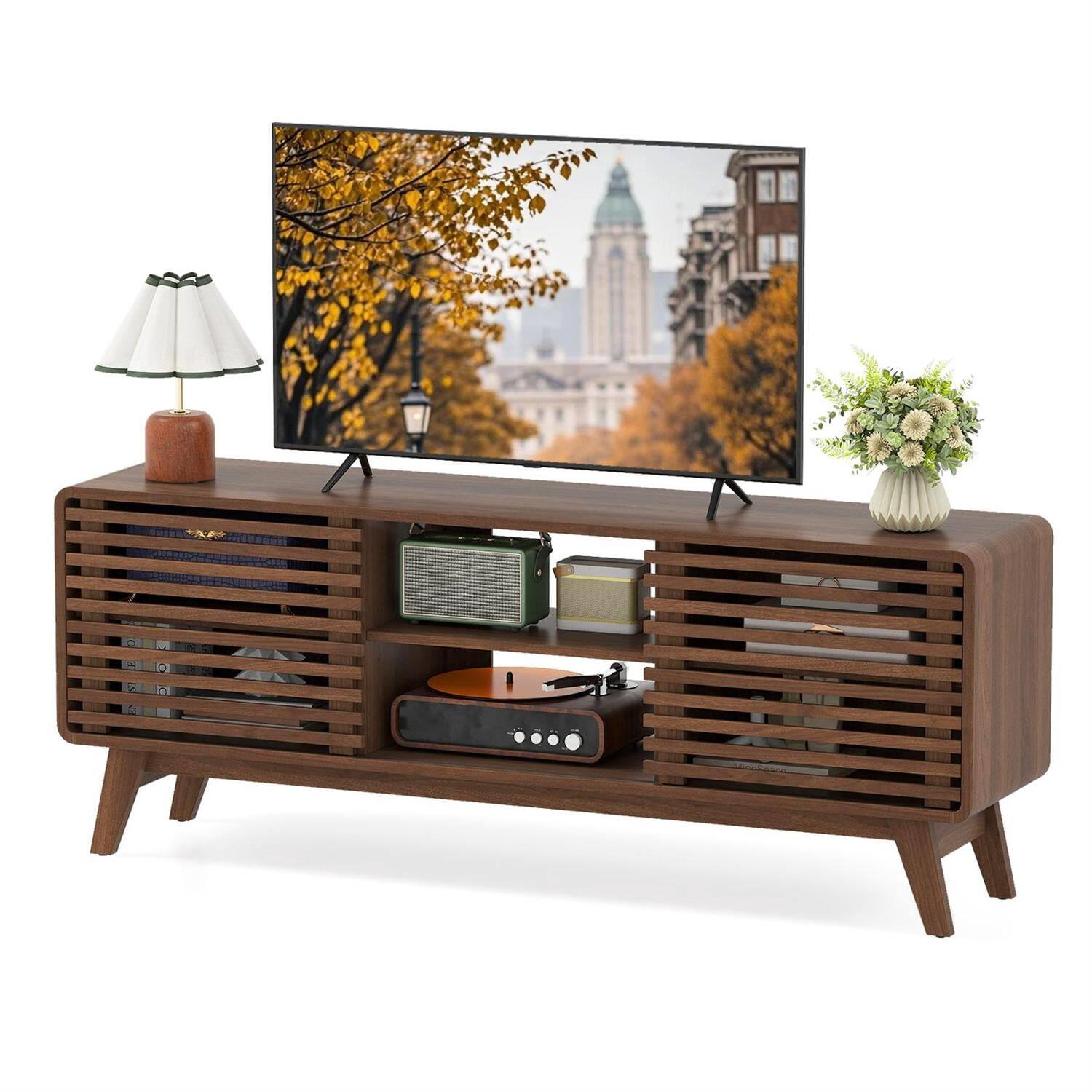 Angle. Pefilos - TV for TVs up to 65" with Sliding Doors Adjustable Shelves, Mid-Century Media Living Room Home Theater TV Stand - Brown.