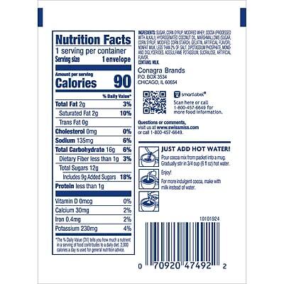 **Nutrition Facts**

1 serving per container  
Serving size 1 envelope

**Amount per serving**  
Calories 90

**% Daily Value***

- Total Fat 2g 3%
  - Saturated Fat 2g 10%
  - Trans Fat 0g
- Cholesterol 0mg 0%
- Sodium 135mg 6%
- Total Carbohydrate 16g 6%
  - Dietary Fiber less than 1g 3%
  - Total Sugars 12g
    - Includes 9g Added Sugars 18%
- Protein less than 1g

**Vitamins and Minerals**

- Vitamin D 0mcg 0%
- Calcium 30mg 2%
- Iron 0.4mg 2%
- Potassium 230mg 4%

*The % Daily Value tells you how much a nutrient in a serving of food contributes to a daily diet. 2,000 calories a day is used for general nutrition advice.

**Ingredients**

Sugar, Corn Dextrin, Modified Corn Starch, Processed Corn Syrup, Partially Hydrogenated Vegetable Oil, Marshmallows (Sugar