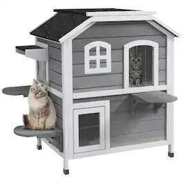 Pawhut - 2-story Outdoor Cat House, Weatherproof Wooden Enclosure for Feral Cats, Escape Door, Openable Roof, Jumping Platforms