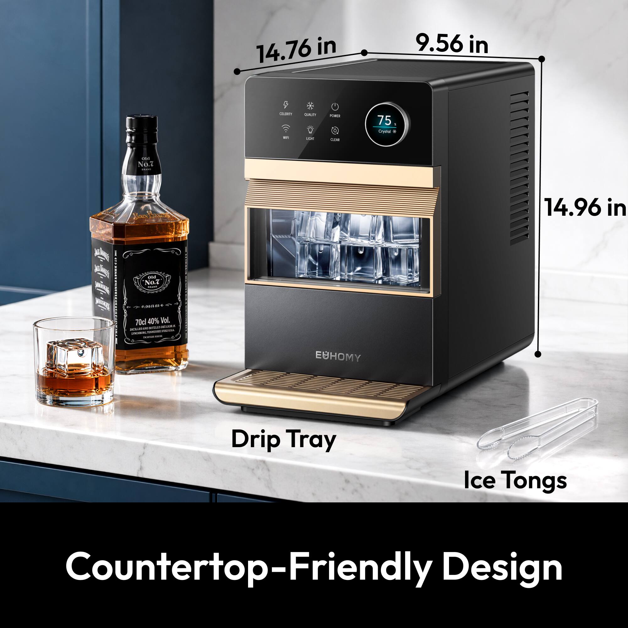 14.76 in  
9.56 in  
CLARITY  
QUALITY YOU  
POWER QUEAR  
75 Crystal +  
014 No.7  
Laux Anza  
14.96 in  
old No.7 Must  
anda 70cl 40% Vol. DOLLAND TOCPER ESTO 200ml PLAYER JUN  
EUHOMY  
Drip Tray  
Ice Tongs  
Countertop-Friendly Design