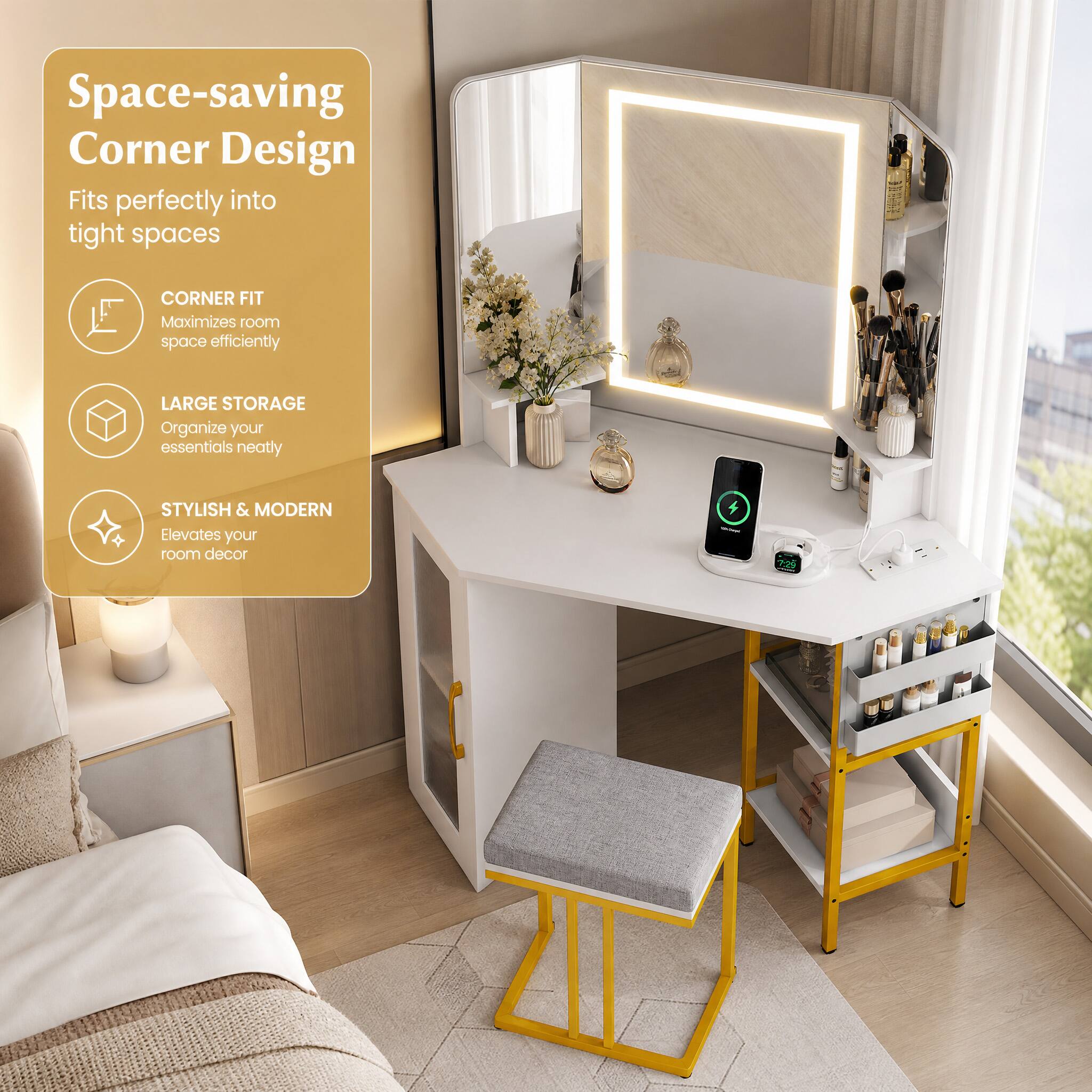 Space-saving Corner Design  
Fits perfectly into tight spaces

CORNER FIT  
Maximizes room space efficiently

LARGE STORAGE  
Organize your essentials neatly

STYLISH & MODERN  
Elevates your room decor
