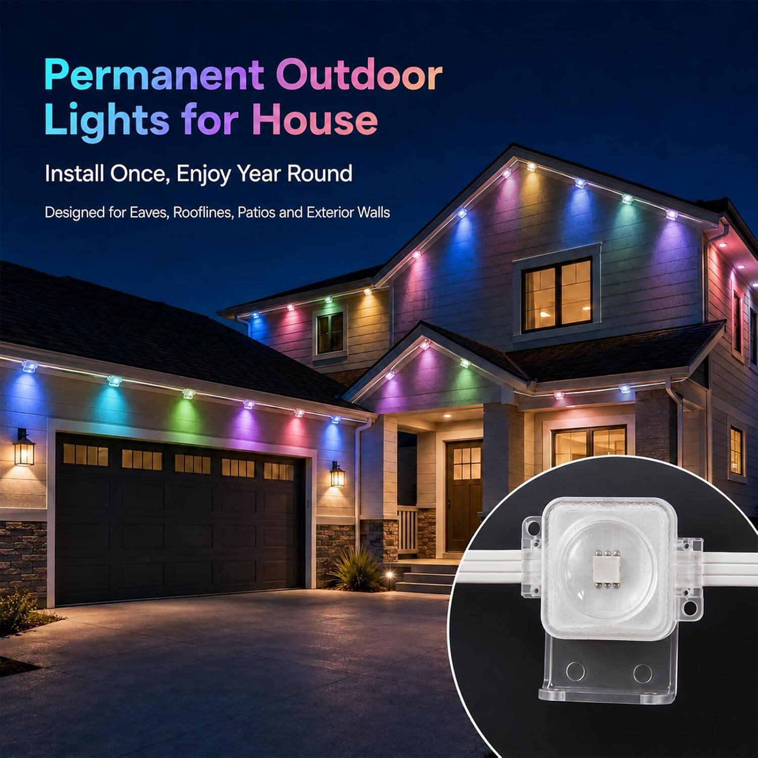 Permanent Outdoor Lights for House  
Install Once, Enjoy Year Round  
Designed for Eaves, Rooflines, Patios and Exterior Walls