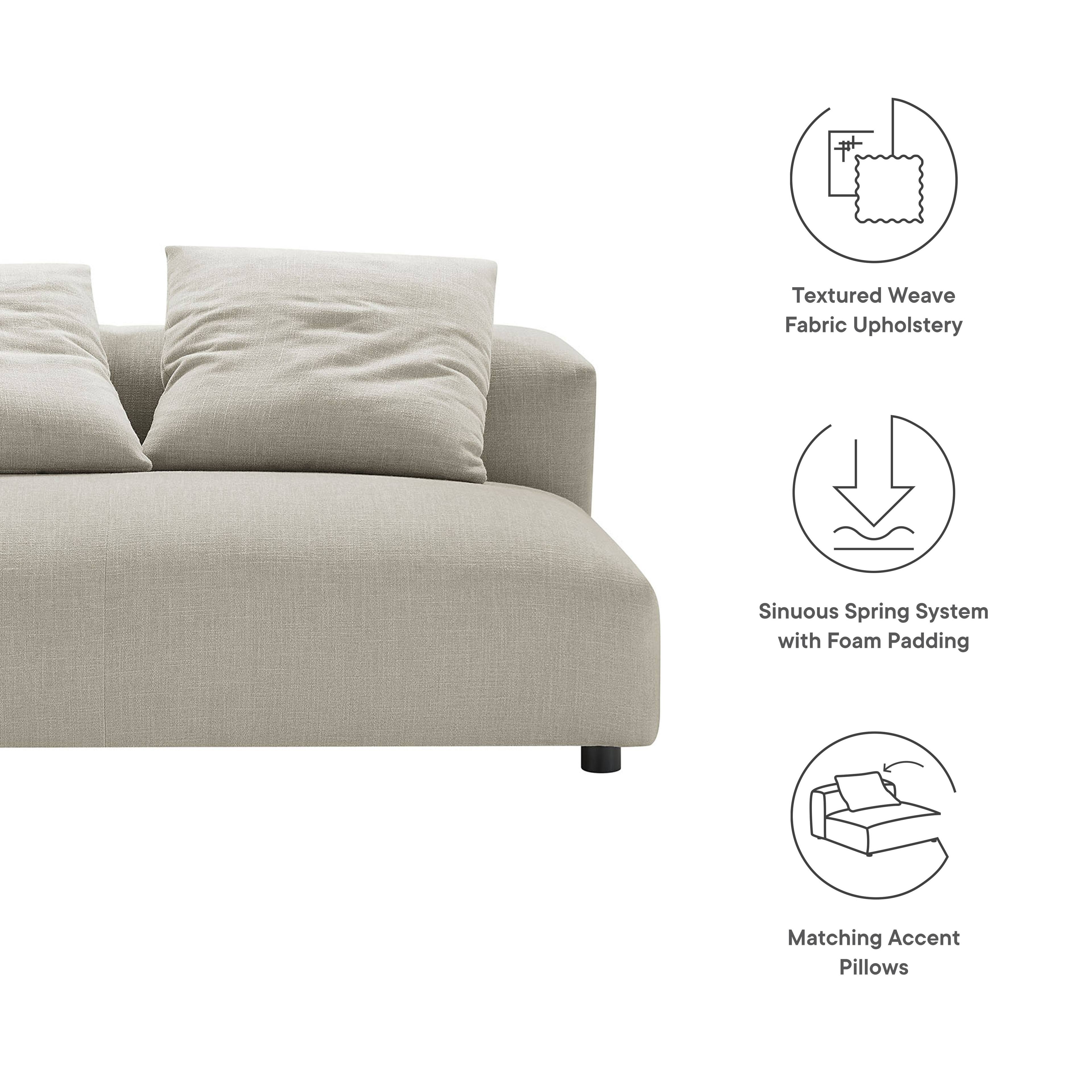 Textured Weave Fabric Upholstery  
Sinuous Spring System with Foam Padding  
Matching Accent Pillows