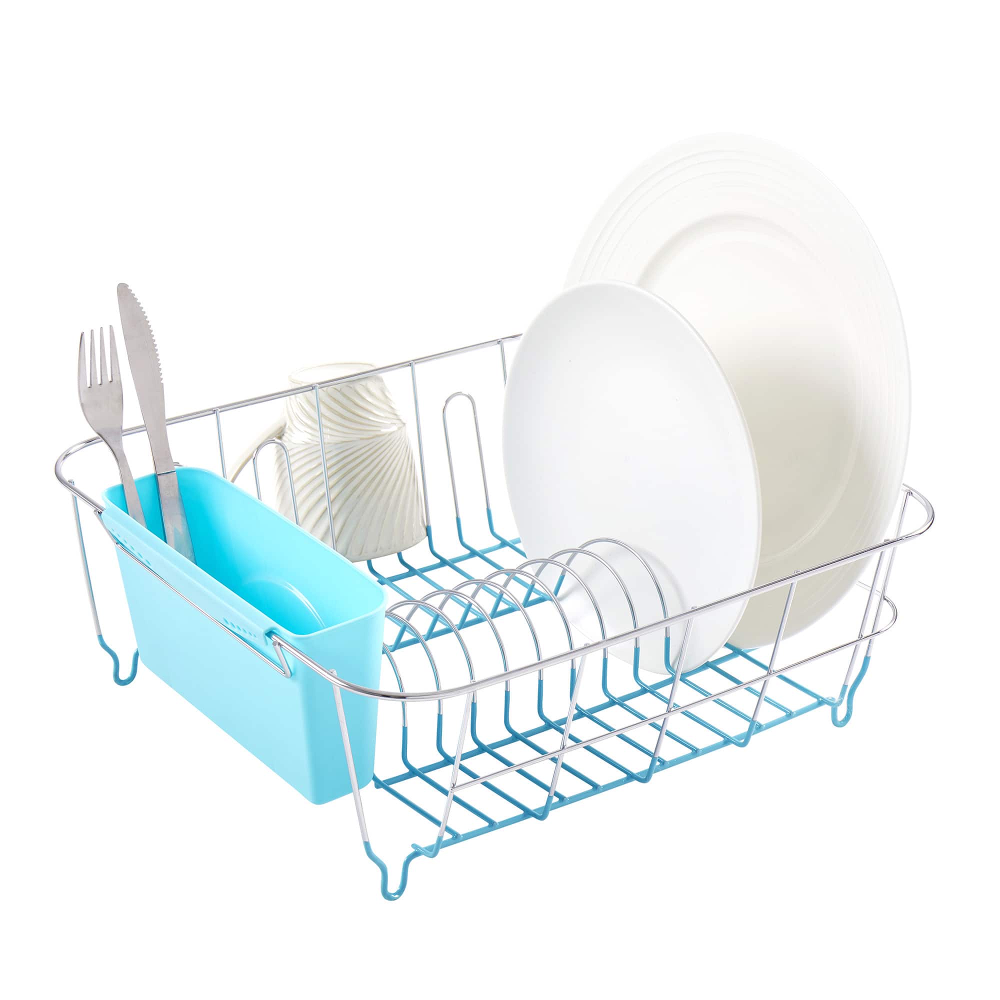Front. Sweet Home Collection - Chrome Plated Steel 2-Piece Small Compact Dish Drainer - Turquoise.