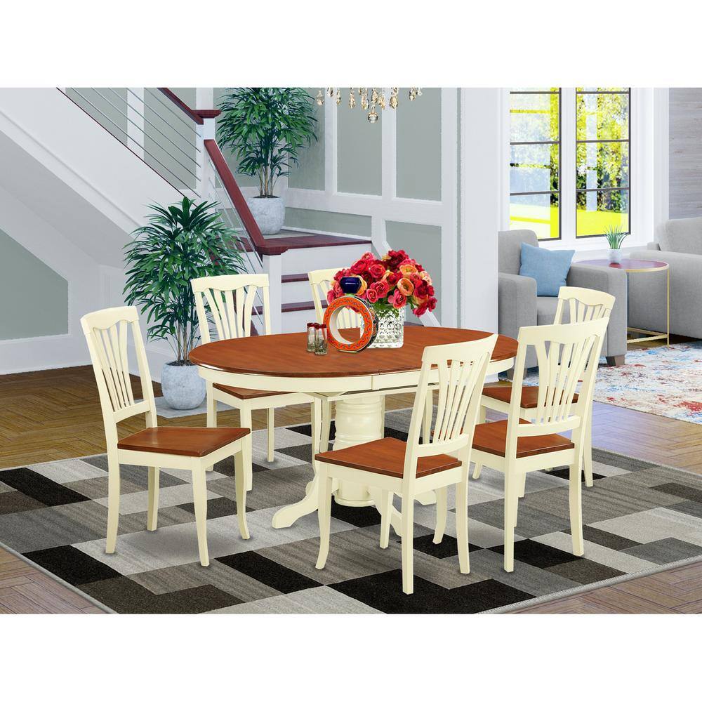 Back. East West Furniture - 7 Pc Dinette Table with Leaf and 6 Wood Seat Chairs in Buttermilk and Cherry. - Buttermilk & Cherry.