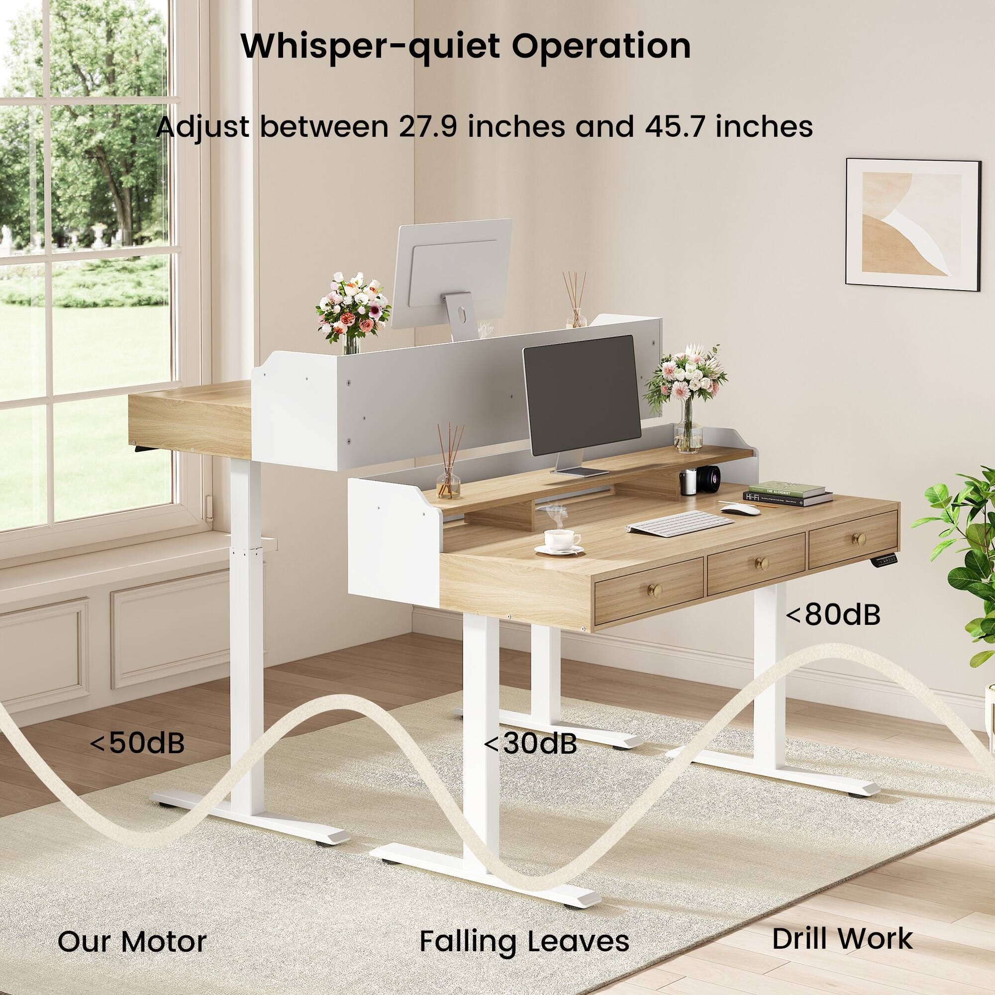 Whisper-quiet Operation  
Adjust between 27.9 inches and 45.7 inches  

<80dB  
<50dB  
<30dB  

Our Motor  
Falling Leaves  
Drill Work