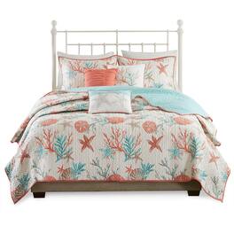 Gracie Mills - Koreen 6-Piece Coastal Bliss Cotton Sateen Quilt Set with Throw Pillows - Coral