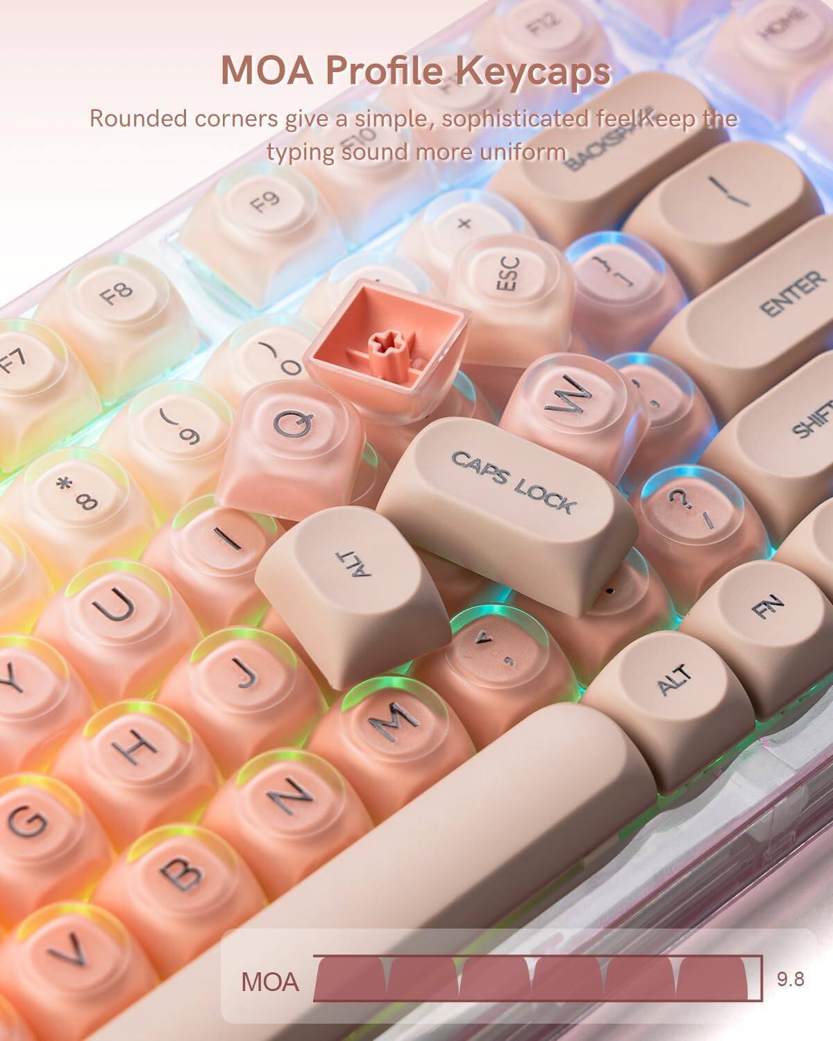 MOA Profile Keycaps

Rounded corners give a simple, sophisticated feel. Keep the typing sound more uniform.

F12 HOME  
F9 I x ESC MM  
F8 ENTER  
F7 -O O Q W SHIF 9 * CAPS 8 LOCK I I ALT U FN 6 Y J ALT H M G N B V  
9.8 MOA
