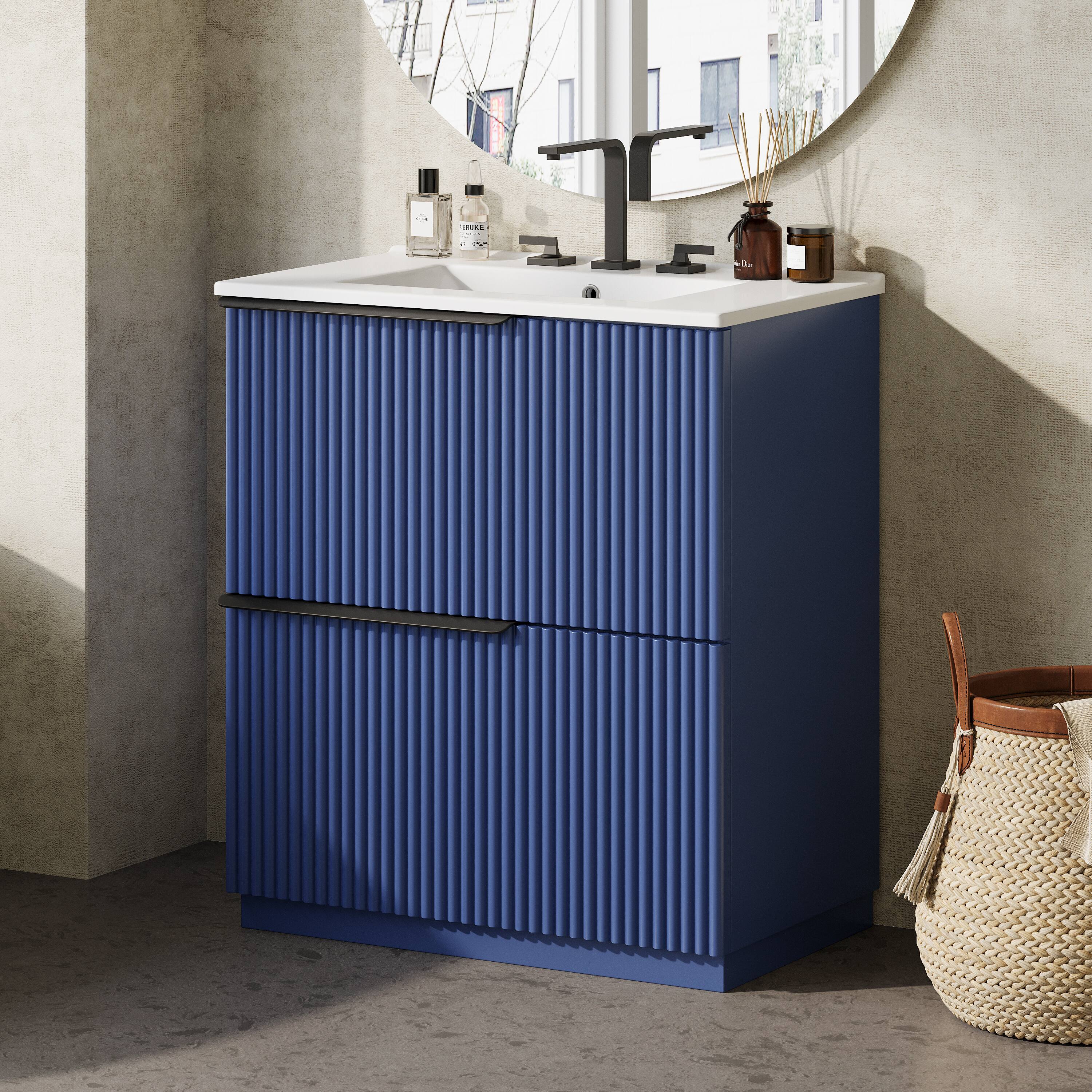 Back. Loheer - 2.5 ft Bathroom Vanity with Ceramic Sink, Full-Extension Soft-Close Drawers, Fluted Design - Blue.