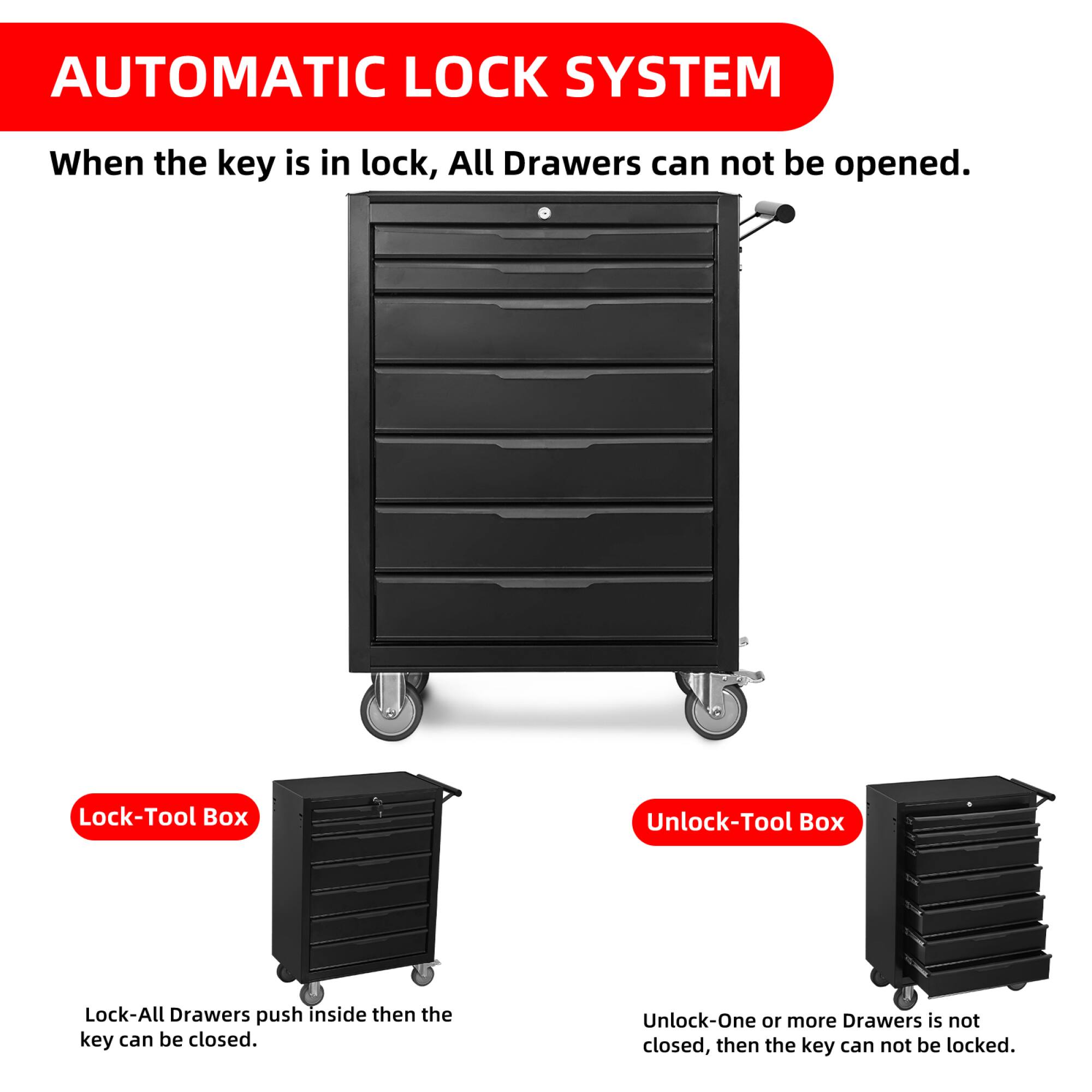 **AUTOMATIC LOCK SYSTEM**

When the key is in lock, All Drawers can not be opened.

- **Lock-Tool Box**
  - Lock-All Drawers push inside then the key can be closed.

- **Unlock-Tool Box**
  - Unlock-One or more Drawers is not closed, then the key can not be locked.