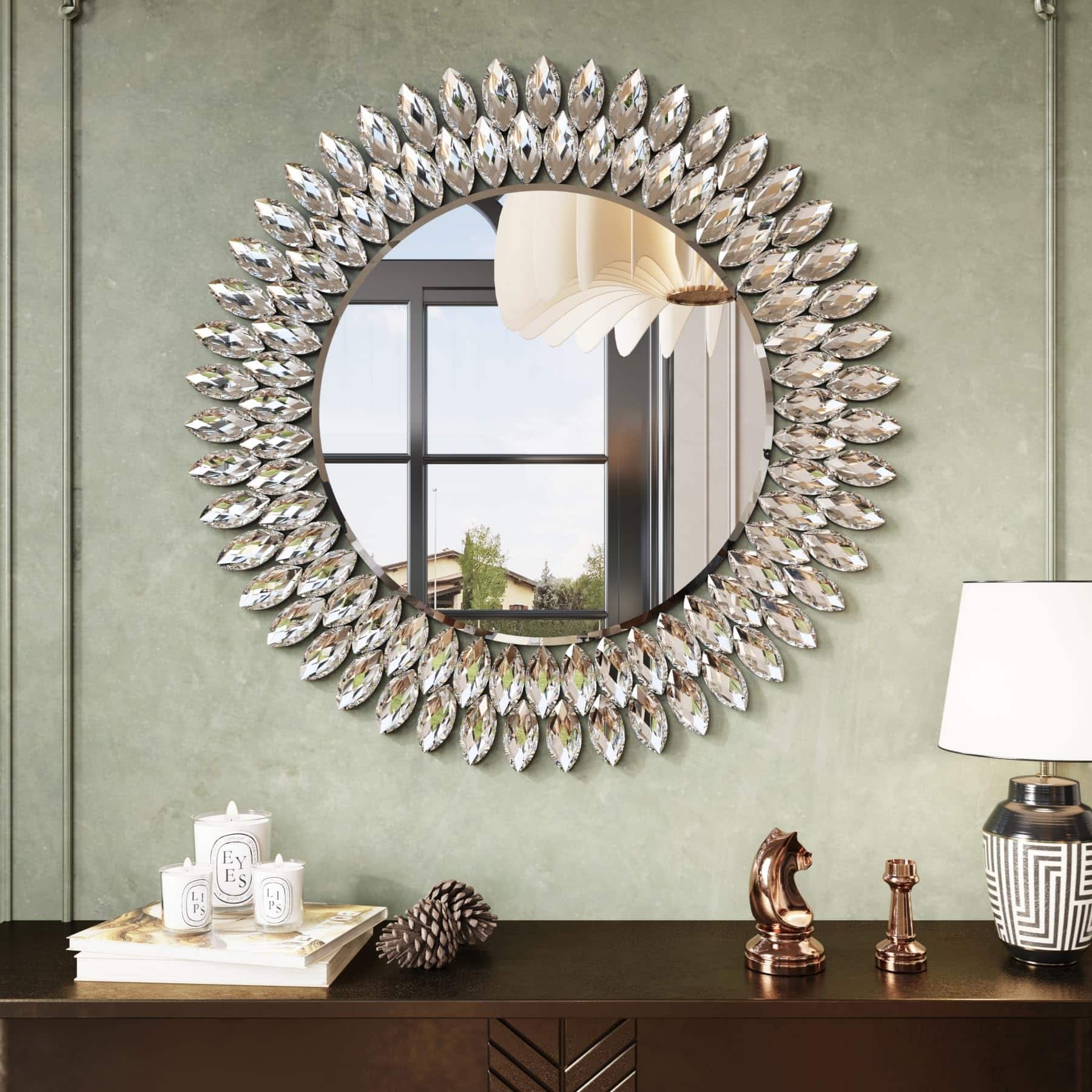 Comfort Essence - Jeweled Luxury Bathroom Mirror For Wall 24"x36" Rectangle Decorative Vanity With Master Bath Half Living - 26"L x 26"W