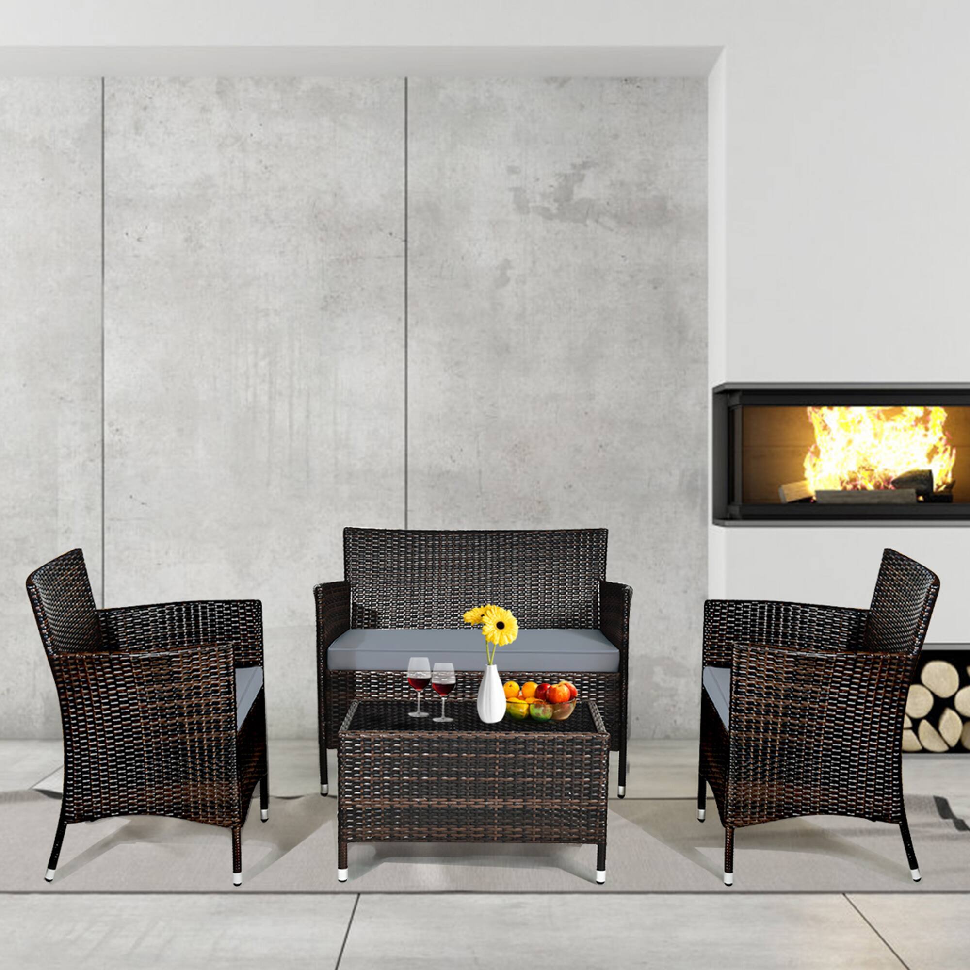 Alt View 3. Gymax - Gymax 4PCS Patio Rattan Conversation Furniture Set Outdoor w/ Gray Cushion - Gray.