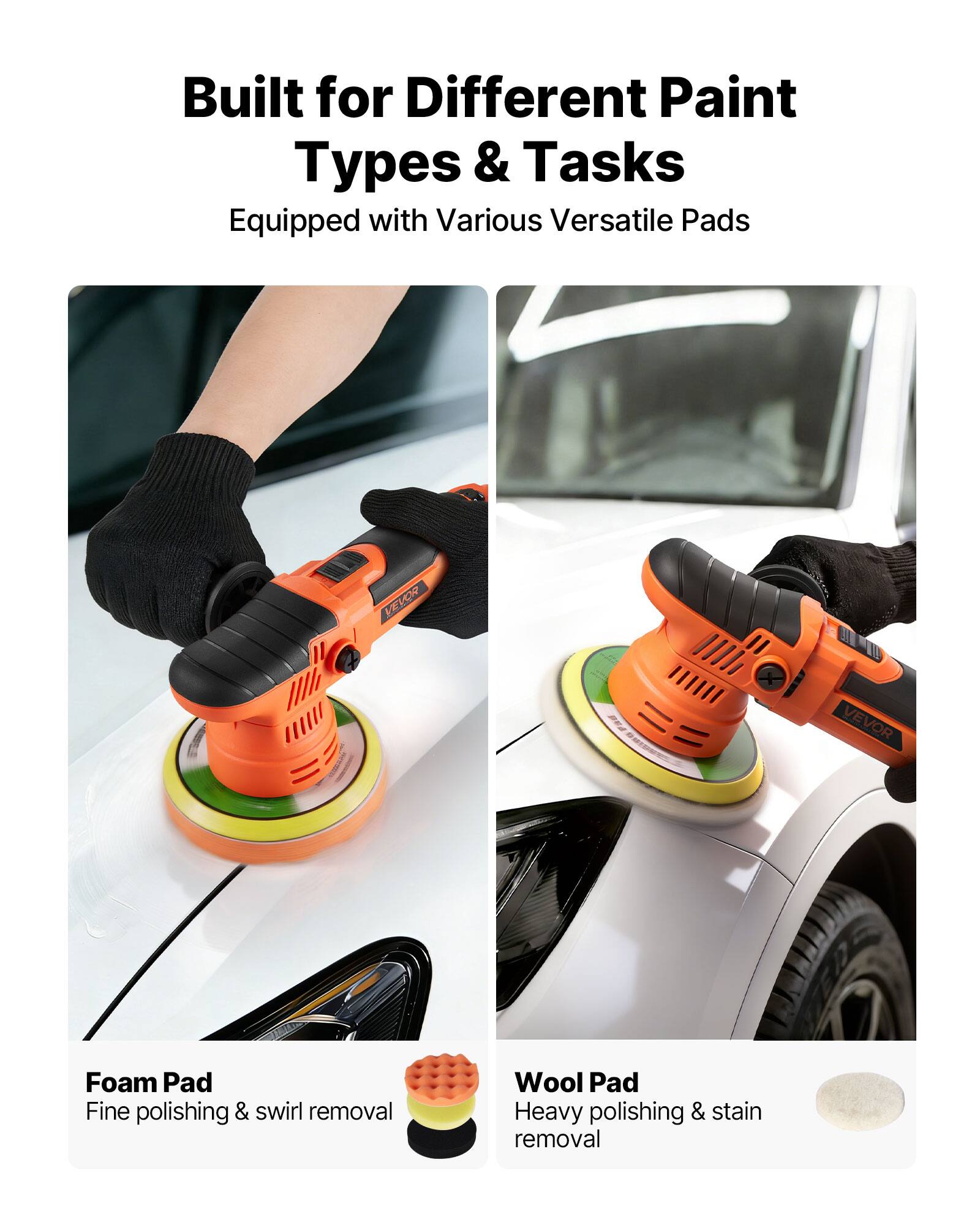 Built for Different Paint Types & Tasks  
Equipped with Various Versatile Pads  

Foam Pad  
Fine polishing & swirl removal  

Wool Pad  
Heavy polishing & stain removal