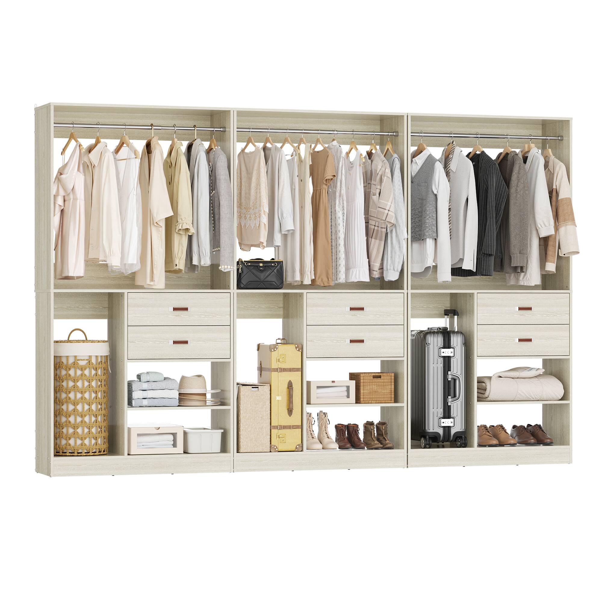 Angle. Aheaplus - 10FT Large Closet Organizer Set of 3, with 6 Drawers, 3 Hanging Rods and Luggage Storage Space - Beige Oak.