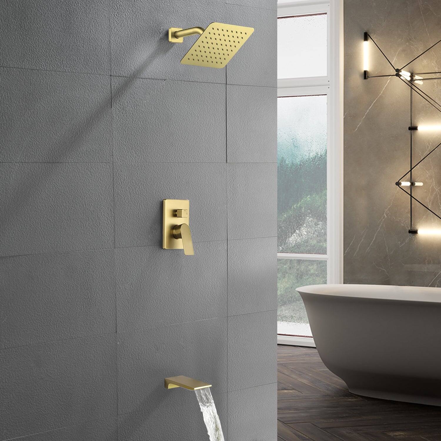 Alt View 3. Boyel Living - Brushed Gold 2-Function Brass Pressure Balance Valve 8 Inch SUS304 Top Spray Waterfall Spout Dual Water Outlet - Brushed Gold.