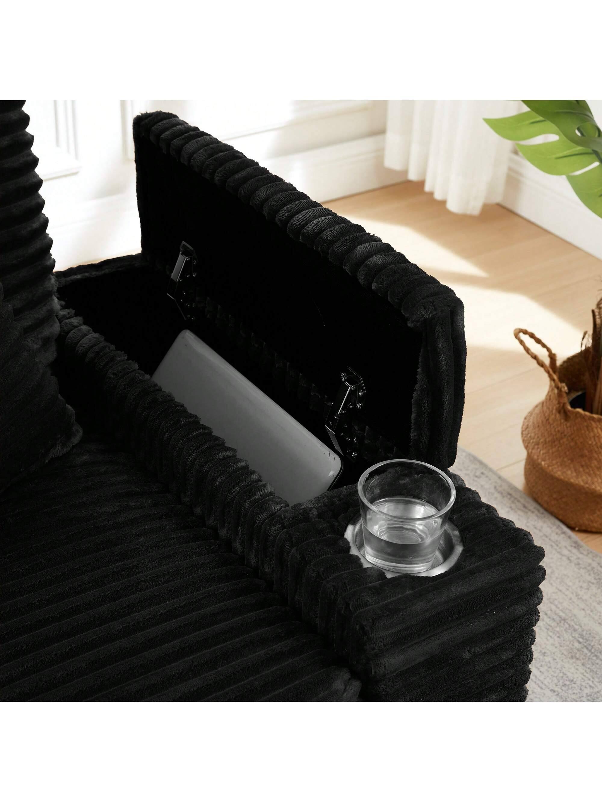 Angle. Trinkets Crazed - Corduroy Chaise Lounge Sofa With Ottoman,Single Sofa Chair Bed With Storage Amrest,Cup Holder,180°Rotating Table Board - Black.