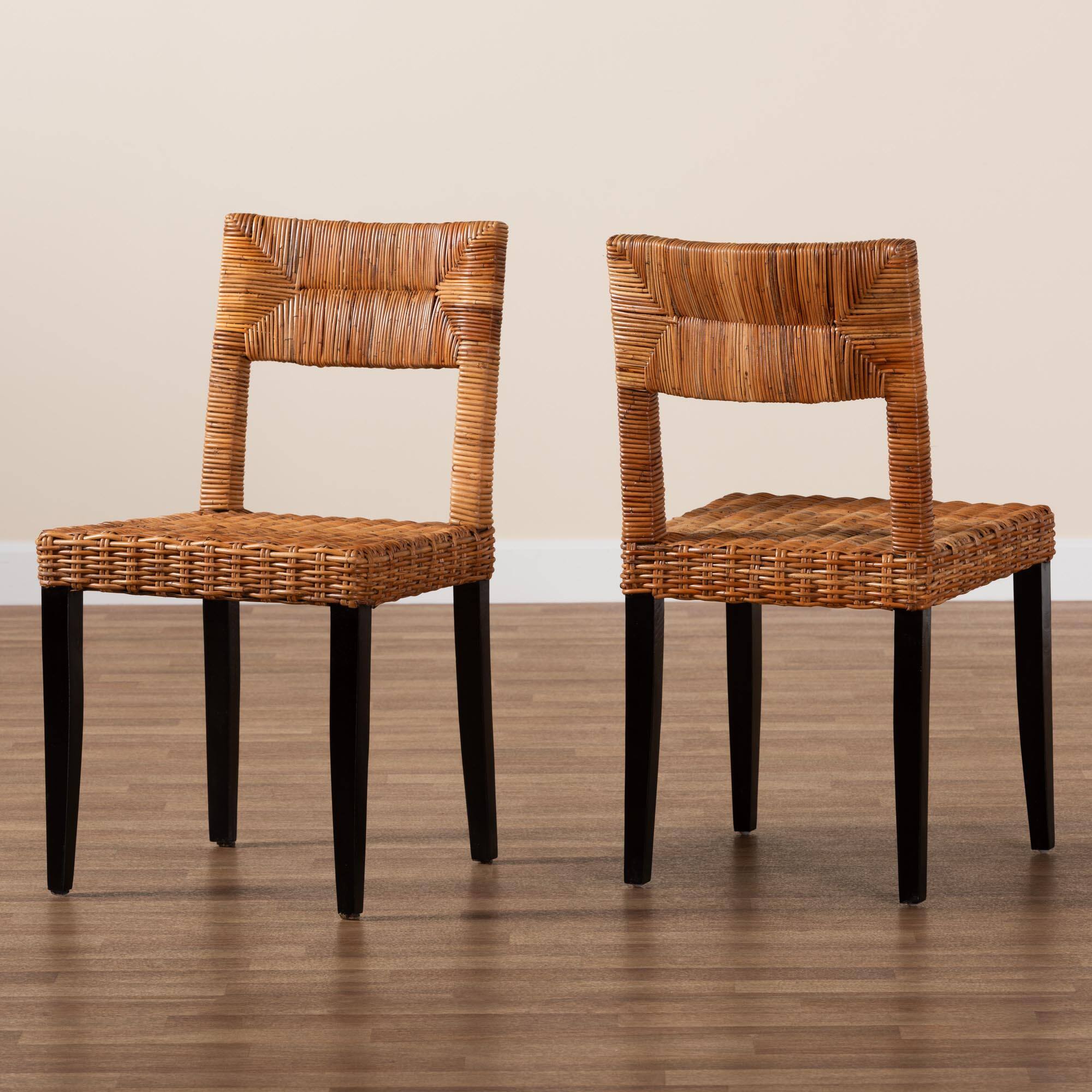 Alt View 4. bali & pari - Manrico Modern Bohemian Finished Wood and Natural Rattan 2-Piece Dining Chair Set - Dark Brown/Natural Brown.