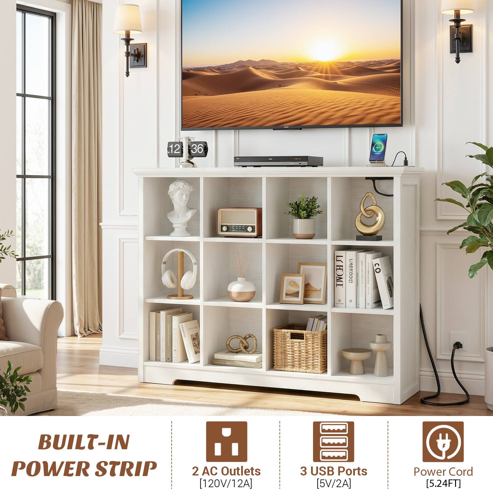 12:36

LHOAI CONIU

BUILT-IN POWER STRIP

2 AC Outlets [120V/12A]

3 USB Ports [5V/2A]

Power Cord [5.24FT]
