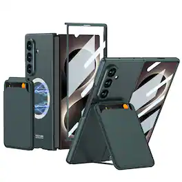 Dteck - Magnetic Case for Samsung Galaxy Z Fold8 Ultra with Card Holder Kickstand Built-in Tempered Glass Matte Shockproof Cover - Darkgreen