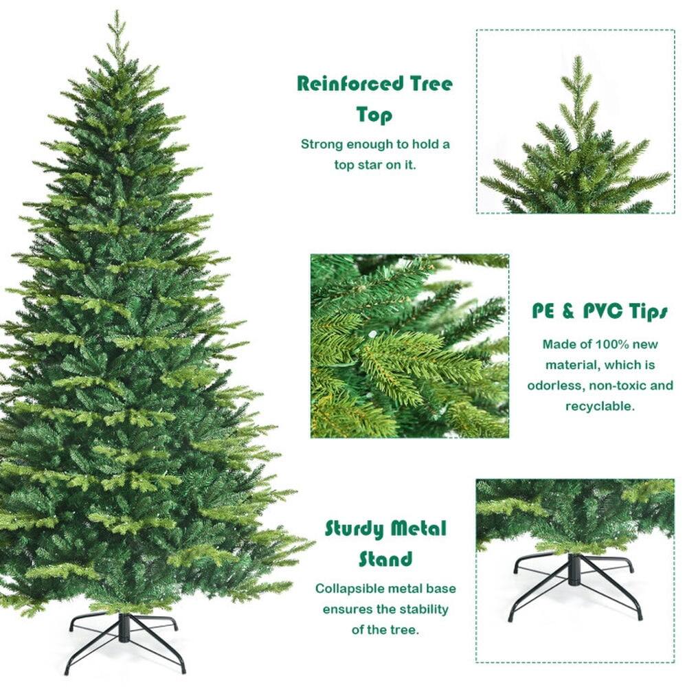 Reinforced Tree Top  
Strong enough to hold a top star on it.

PE & PVC Tips  
Made of 100% new material, which is odorless, non-toxic and recyclable.

Sturdy Metal Stand  
Collapsible metal base ensures the stability of the tree.