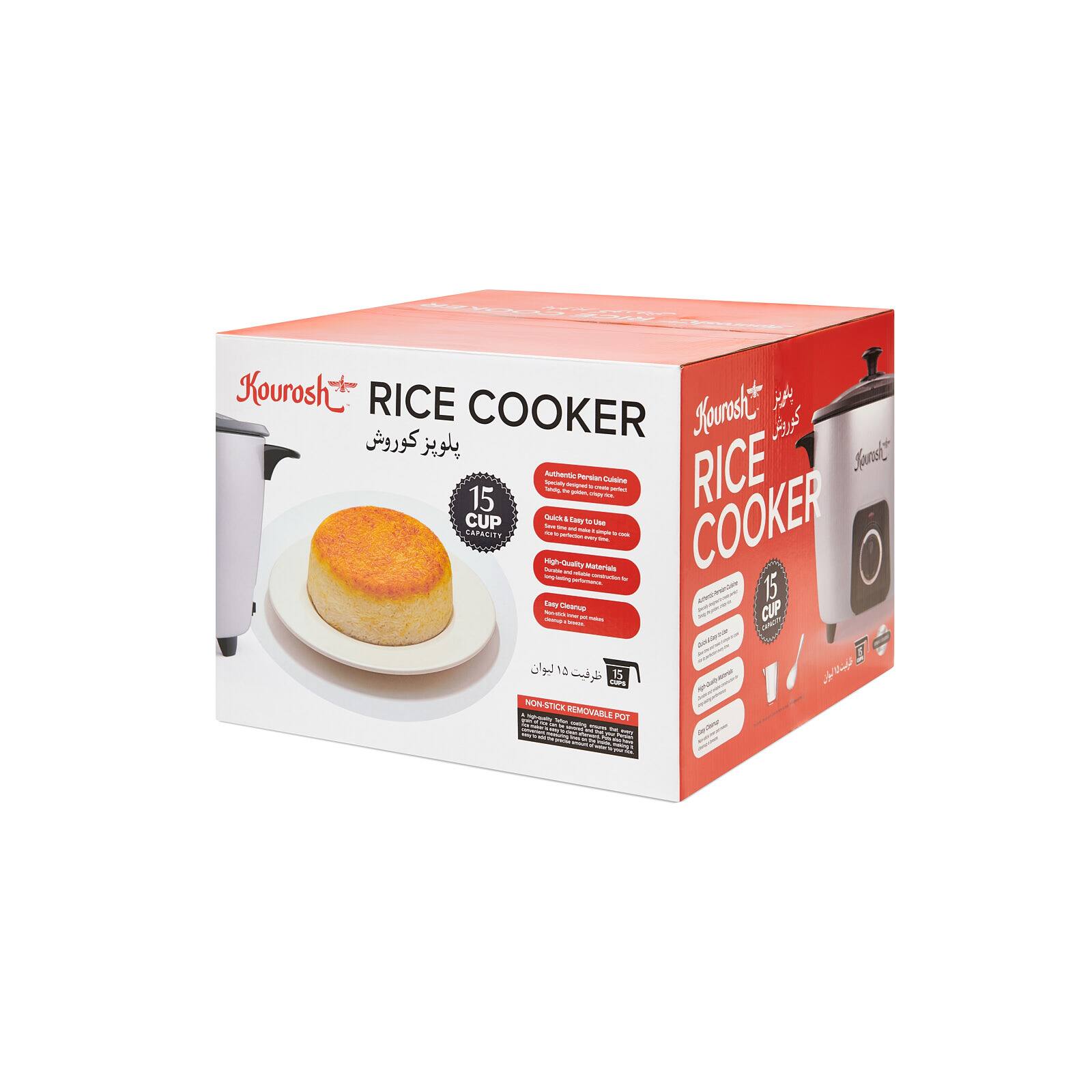 Kourosh RICE COOKER  
15 CUP  
Authentic Premium Cuisine  
Quick & Easy to Use  
15 CUP  
High-Quality Materials  
Easy Cleaning  
NON-STICK REMOVABLE POT