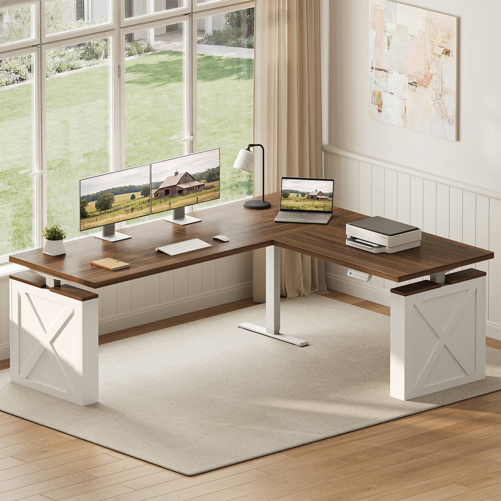 Angle. OffiGo - Farmhouse L-Shaped Electric Standing Desk with Decorative Legs, Height Adjustable Sit-Stand Workstation for Home Office - Walnut/White.
