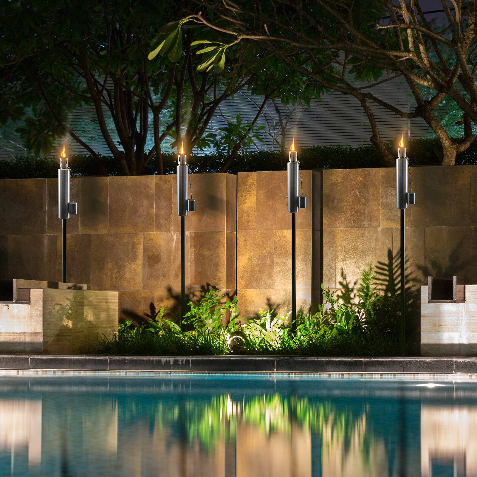 Alt View 4. Sorbus - Matney Stainless Steel Outdoor Torches, Decorative Garden & Yard Lights, 5 ft Oil Lamp for Citronella - Silver.