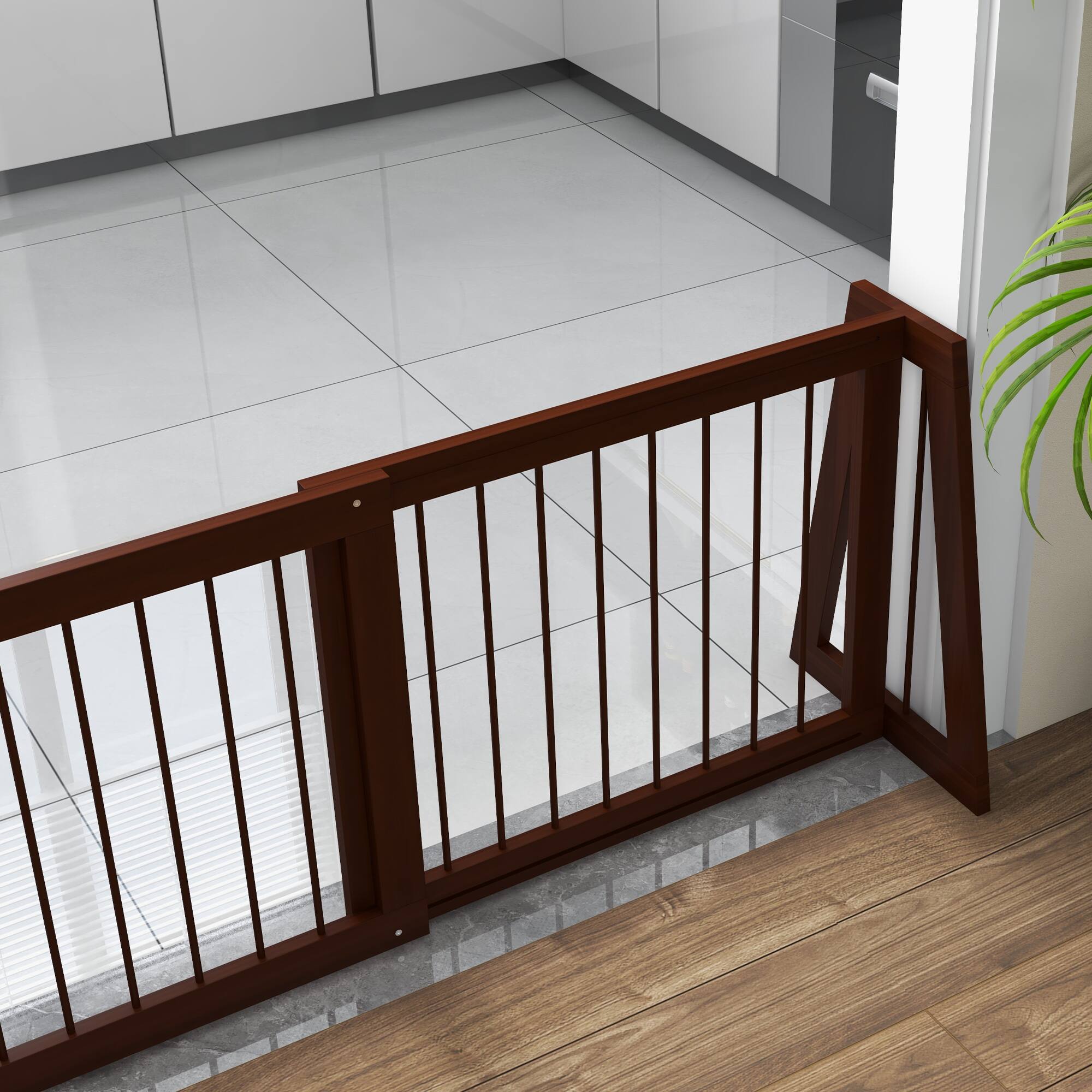 Alt View 5. Pawhut - Freestanding Pet Gate, Wooden Dog Gate with 28"-75" Retractable Length, Support Feet, Non-Slip Mats, 3 Panel.