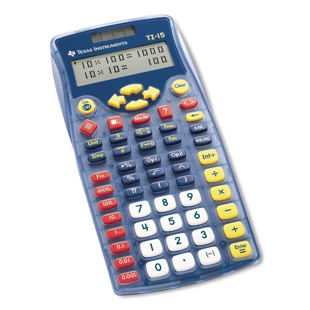 TI-15  
TEXAS INSTRUMENTS  

I + ::: I Clear On <> > Off ? t Mode Frac M U d n Fac MR/MC Unit F4+D d Simp Op2 Int Opl % Fix % ) 1000. x 9 100. 8 7 - 10. 6 5 I. 4 + 3 2 0.1 I Enter (-) 10.0 0 100.0