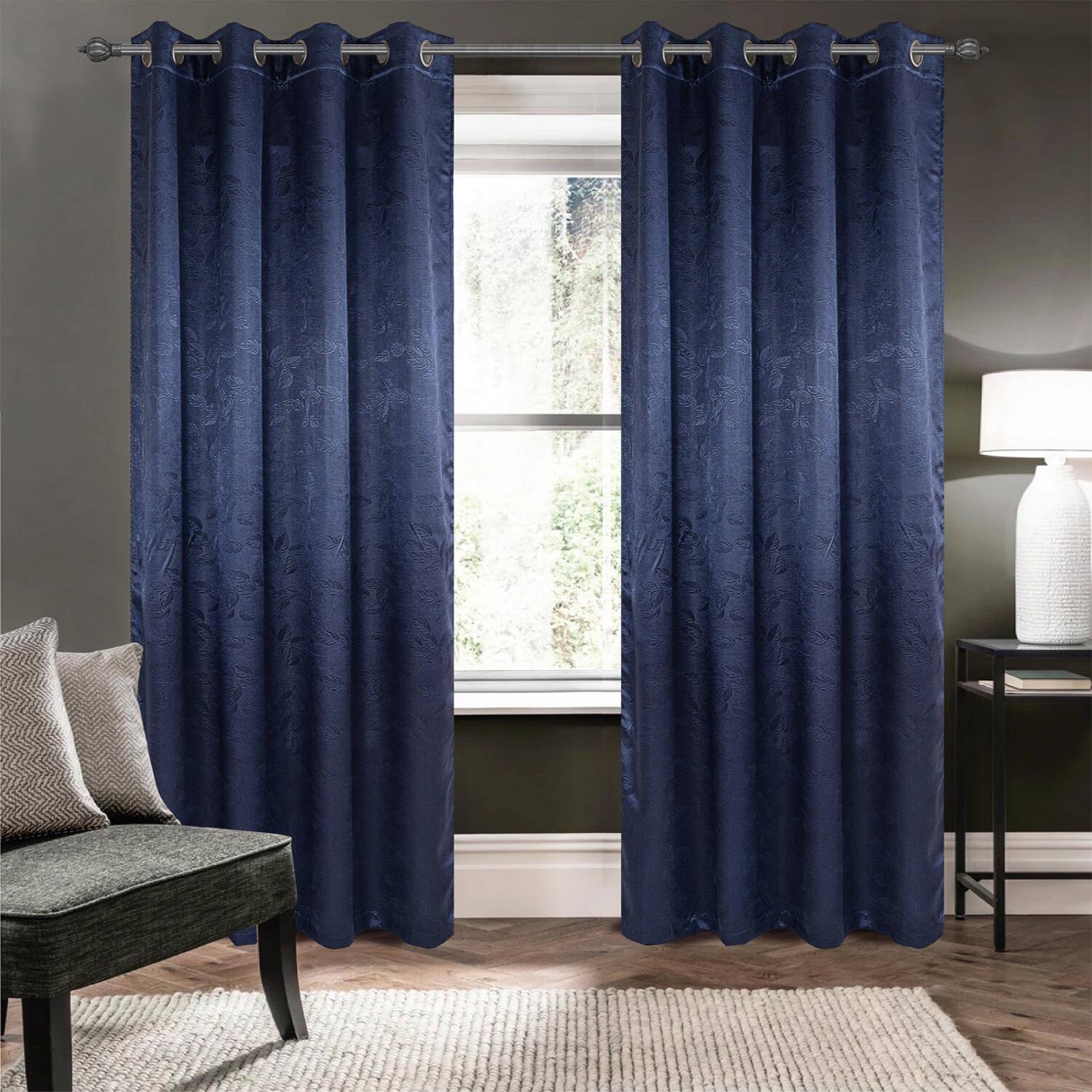 Angle. Olivia Gray - Olivia Gray 100% Polyester 200 GSM Arlo Embossed Blackout Grommet Curtain Panel 54" x 84" Navy - Navy.