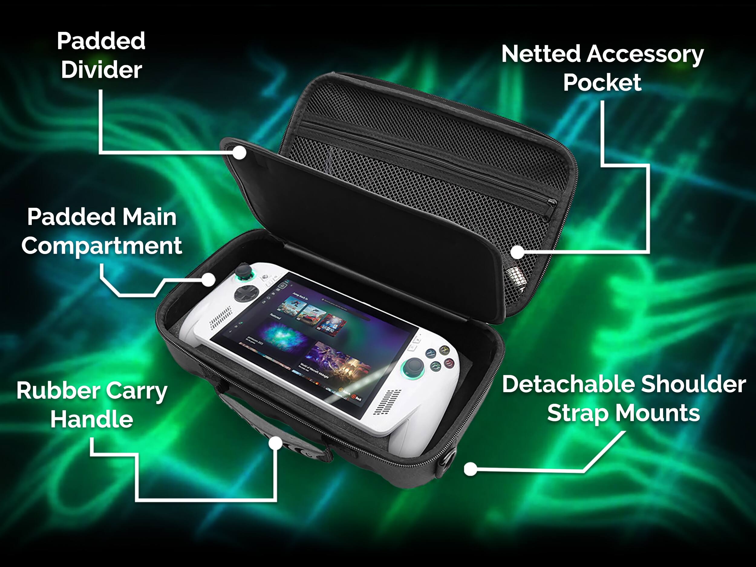 - Padded Divider
- Padded Main Compartment
- Netted Accessory Pocket
- Rubber Carry Handle
- Detachable Shoulder Strap Mounts