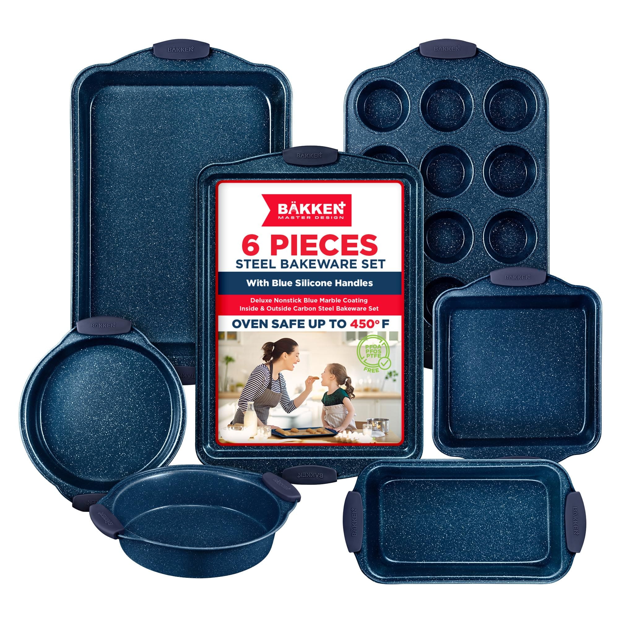Bakken- Swiss - BAKKEN Kitchen Baking Pan Set - Nonstick Coating, Carbon Steel Bakeware Sets with Blue Silicone Handles, Baking Kitchen - Blue Marble