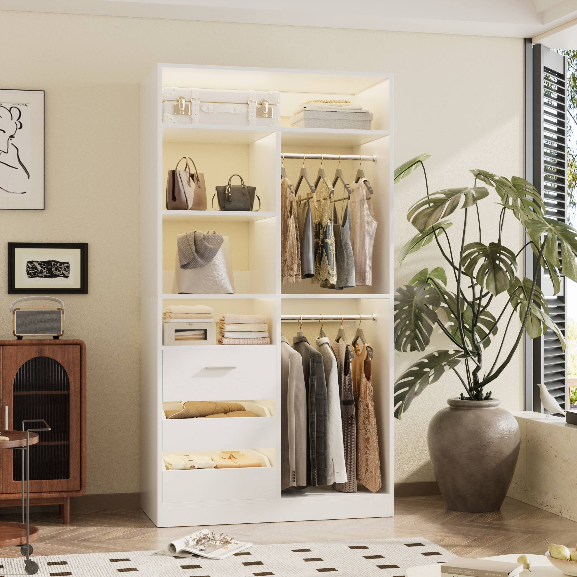 Back. Aheaplus - 36" Wood Modular Walk-in Freestanding Closet Organizer: Closed/Half-Open Drawers, 6 Shelves (36" L x 15" W x 80" H) - White.