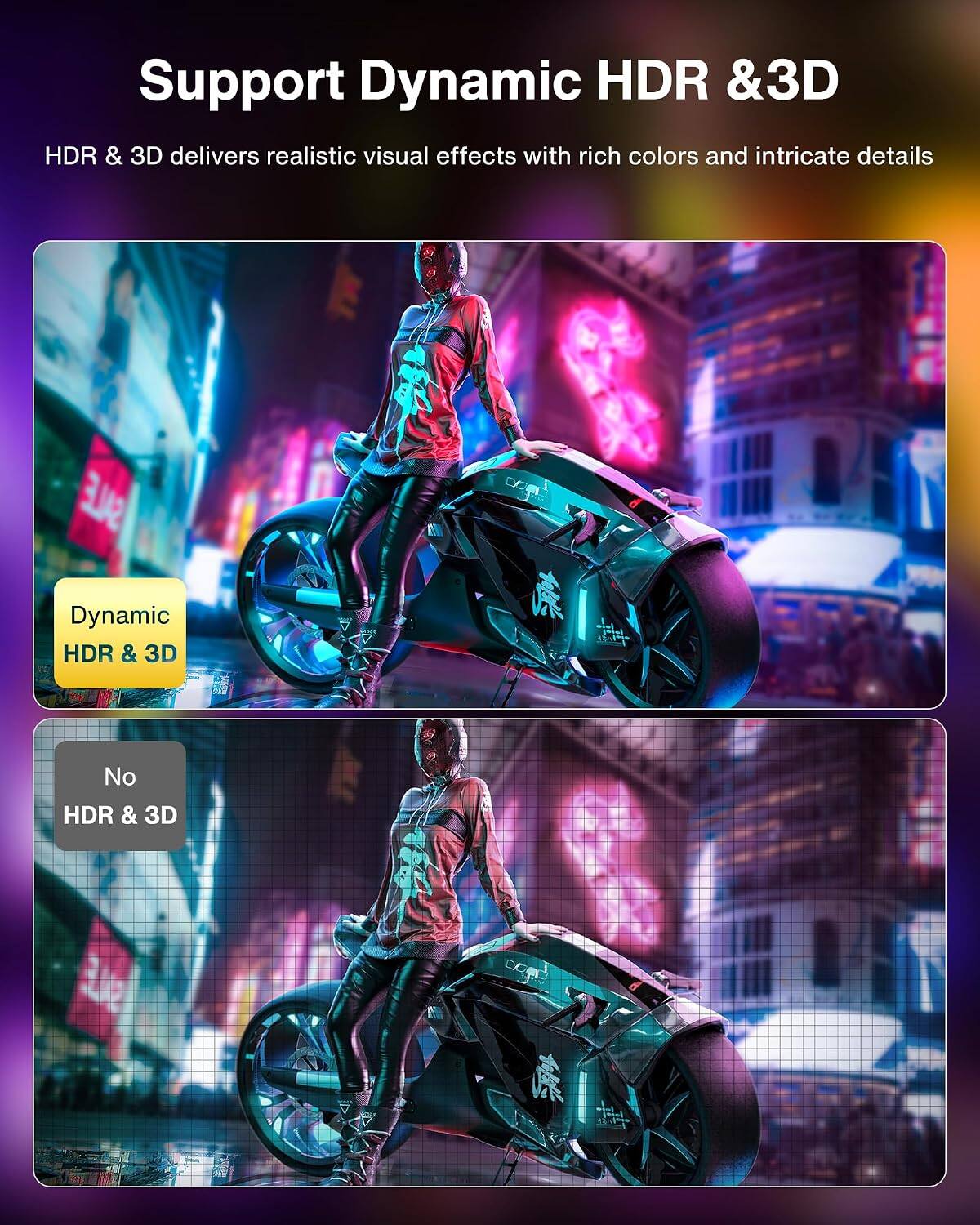 Support Dynamic HDR & 3D

HDR & 3D delivers realistic visual effects with rich colors and intricate details

Dynamic HDR & 3D

No HDR & 3D