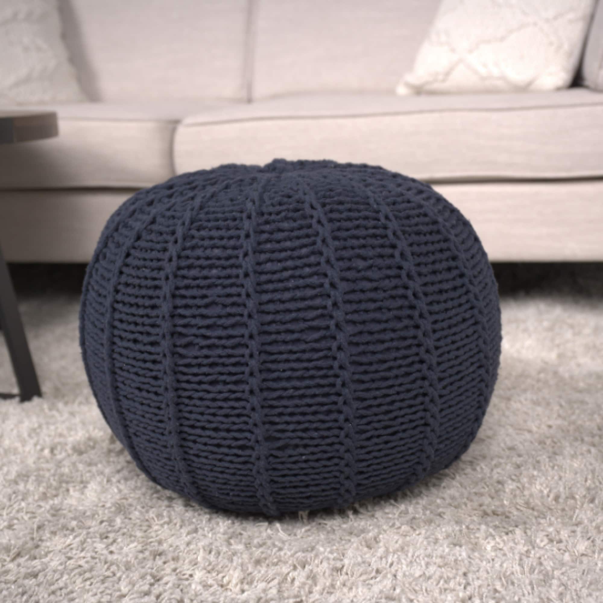 GOODSILO - Knitted Cotton Round Pouf Ottoman Floor Cushion Stylish Home Decor Accessory - Dark Blue