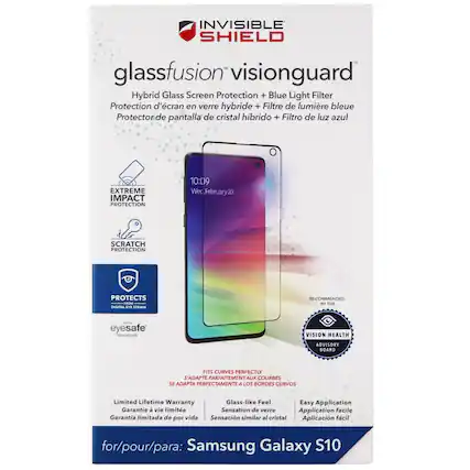 INVISIBLE SHIELD glassfusion visionguard Hybrid Glass Screen Protection + Blue Light Filter Protection d'cran en verre hybride + Filtre de lumire bleue Protector de pantalla de cristal hbrido + Filtro de luz azul EXTREME IMPACT PROTECTION 10:09 Wec.February20 SCRATCH PROTECTION PROTECTS - IRSUTTAL ETE STRAIN RECOMMENDED BY THE - eyesafe EVLDY VISION HEALTH ADVISORY BOARD FITS CURVES PERFECTLY S'ADAPTE PARFAITEMENT AUX COURRES SE ADAPIA PERFECTAMENTE A LOS BORDES CURVOS Limited Lifetime Warranty Glass-like Feel Easy Application Garantie vie limite Sensation de verre Application facile Garantia limitada de por vida Sensacin similar al cristal Aplicacin fcil for/pour/para: Samsung Galaxy S10