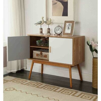 Angle. SlickBlue - Mid-Century Modern Wood-Leg Console Table with Storage Cabinet - Light Walnut.