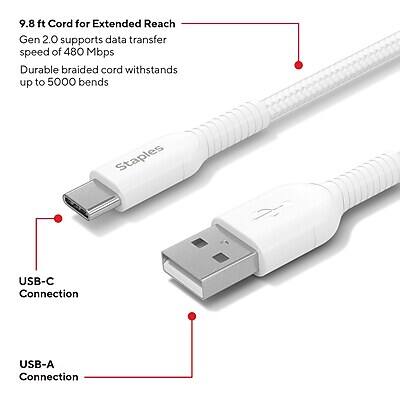 9.8 ft Cord for Extended Reach  
Gen 2.0 supports data transfer speed of 480 Mbps  
Durable braided cord withstands up to 5000 bends  

USB-C Connection  
USB-A Connection
