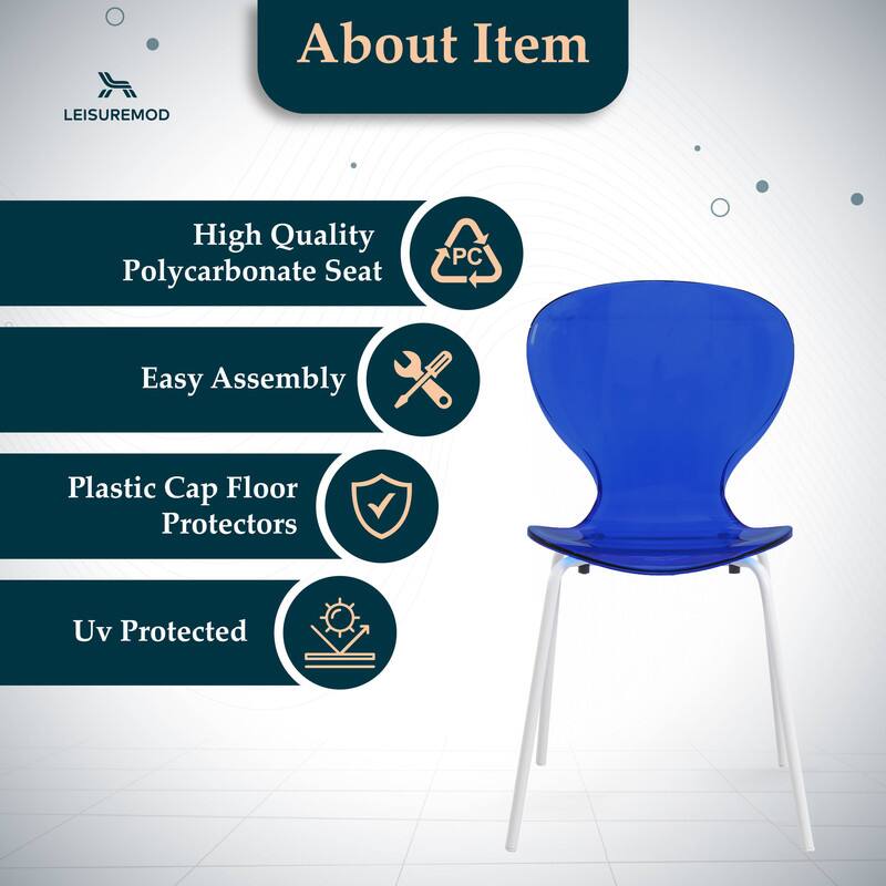 LeisureMod Oyster Modern Transparent Side Chairs with White Metal Legs ...