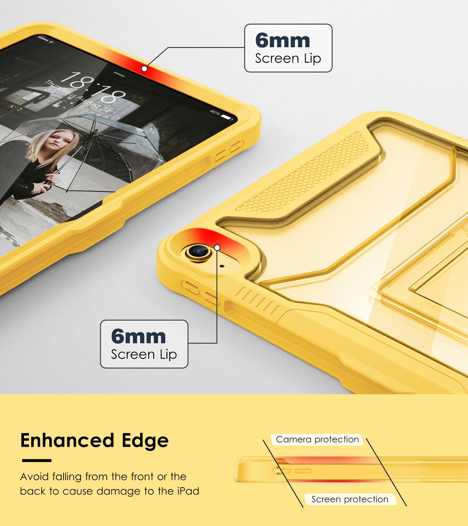 - Thursday, 18:18, August 24
- 6mm Screen Lip
- Enhanced Edge
- Avoid falling from the front or the back to cause damage to the iPad
- Camera protection
- Screen protection