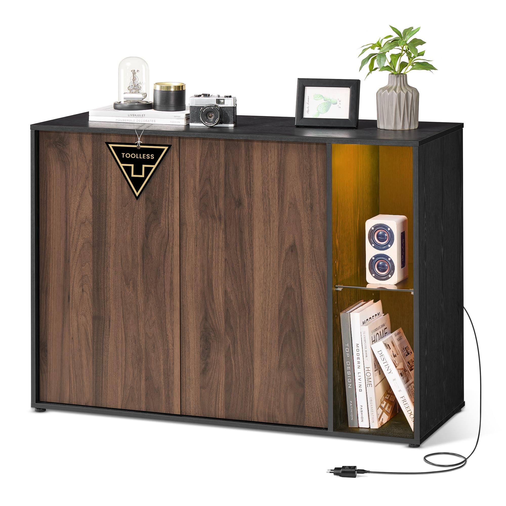 Songmics Home - Storage Cabinet with Lighting & Glass Shelf – Natural Ebony Black - walnut