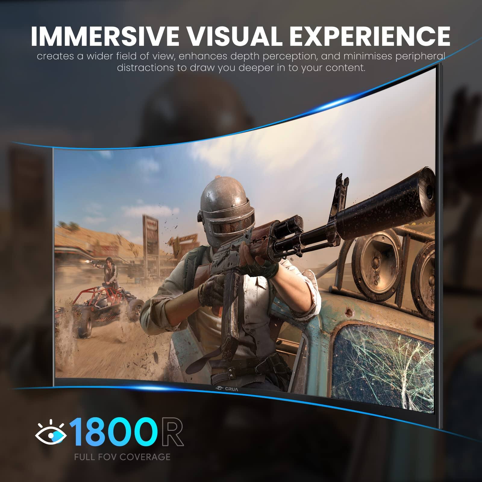 IMMERSIVE VISUAL EXPERIENCE creates a wider field of view, enhances depth perception, and minimises peripheral distractions to draw you deeper into your content.

CRUA 1800R FULL FOV COVERAGE