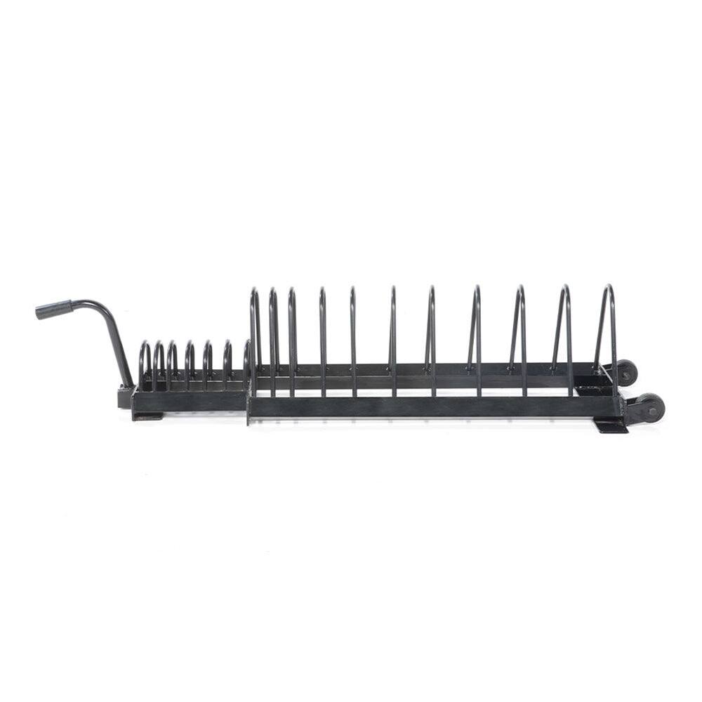 Front. Power Systems - Horizontal Weight Plate Rack – 16 Slots Bumper Plate Storage with Handle & Wheels - Black.